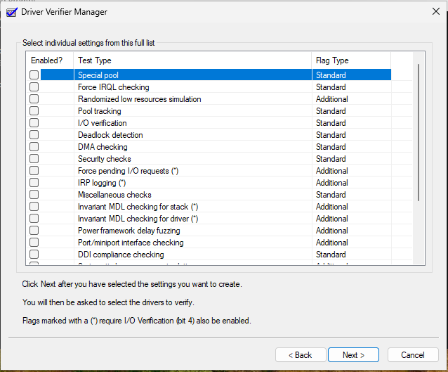check all standard settings and two additional settings