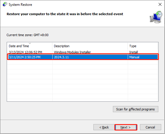 select a system restore point