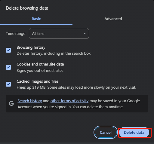 click on Delete data