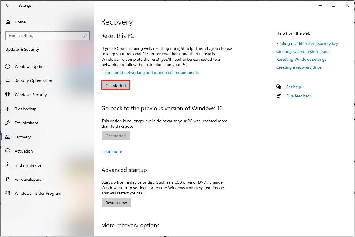 click on the Get started button under Reset this PC