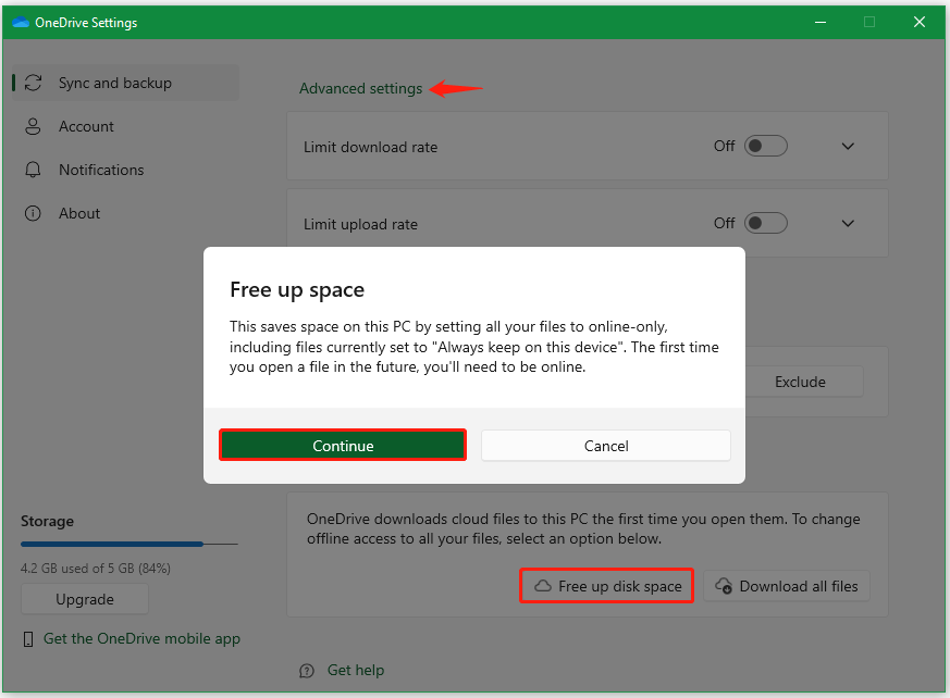 click Free up disk space on OneDrive