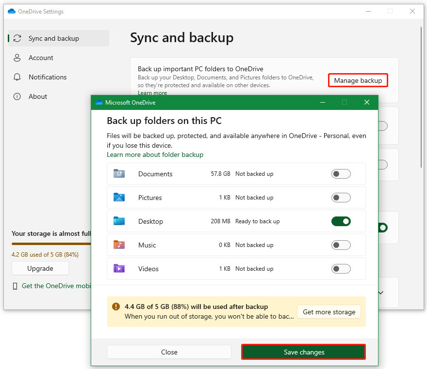 manage backup on OneDrive