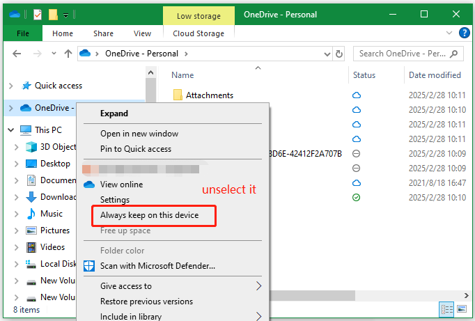uncheck Always keep on this device