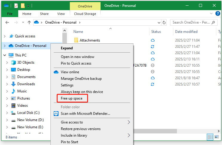 select Free up space for OneDrive folder