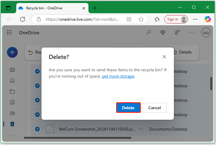 empty the OneDrive Recycle Bin