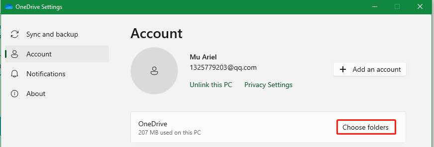click Choose folders in OneDrive