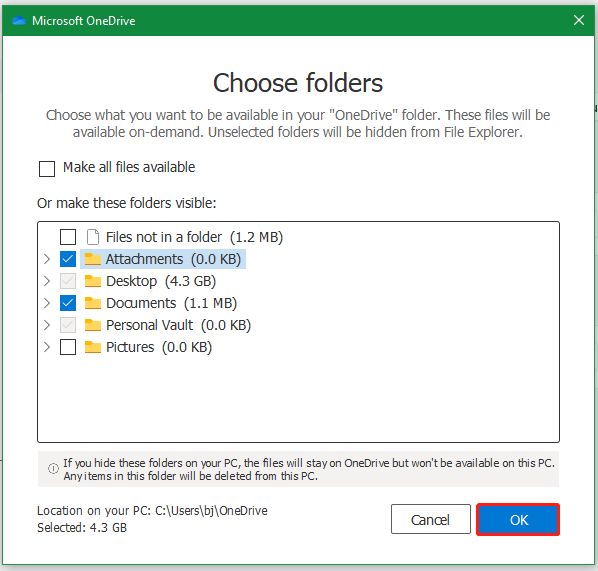 hide folders in OneDrive