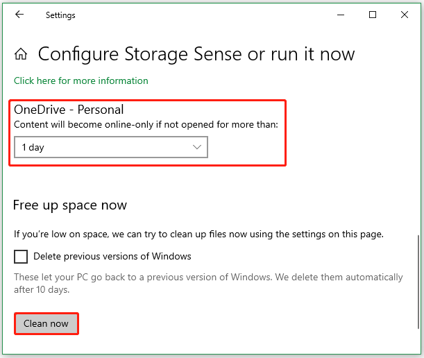clean OneDrive files via Storage Sense