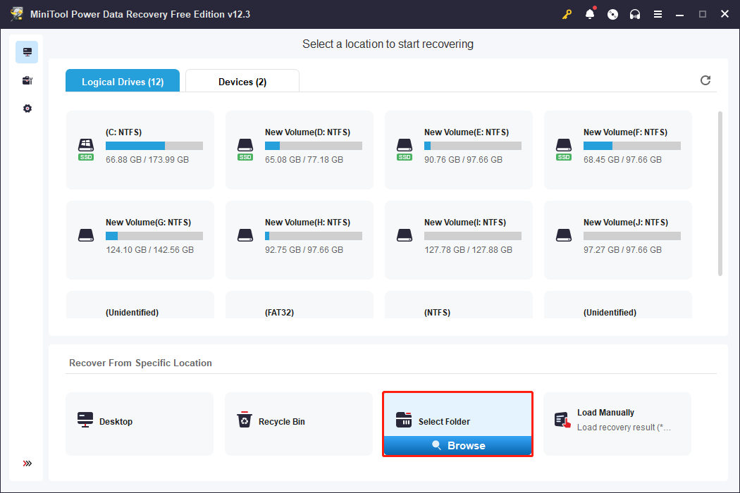 choose Select Folder to scan the certain folder in MiniTool Power Data Recovery