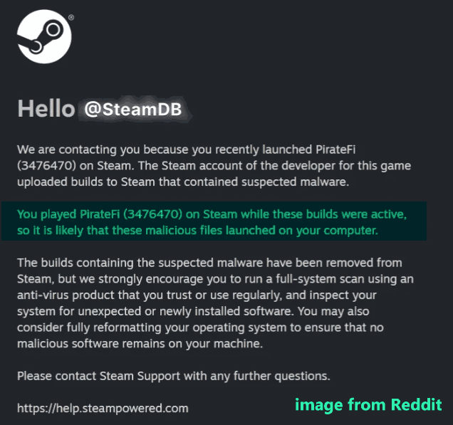 suggestions from Valve about Steam PirateFi fake game