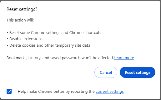 hit Reset settings to confirm this operation