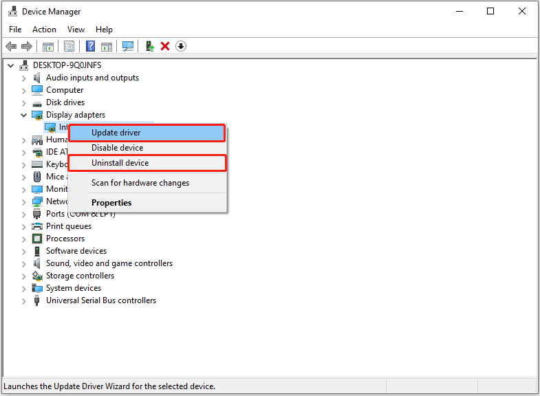 update or uninstall the graphics card driver in Device Manager