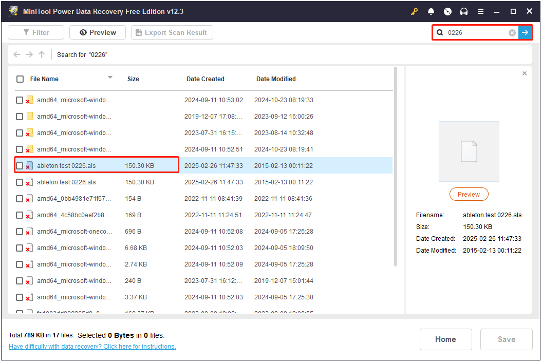 search for the .als files with the search box in MiniTool Power Data Recovery