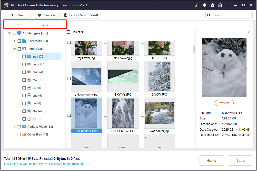 detected photos and other files being displayed under Type and Path in MiniTool Power Data Recovery
