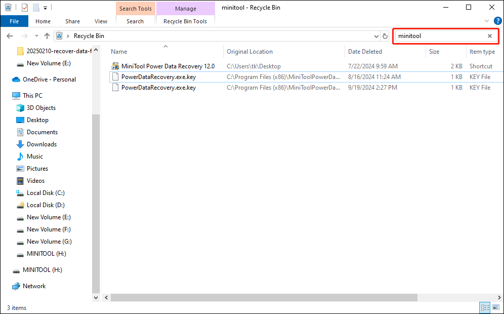 use the search feature of the Windows Recycle Bin