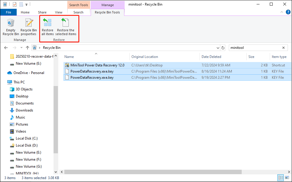 select Restore all items or Restore the selected items