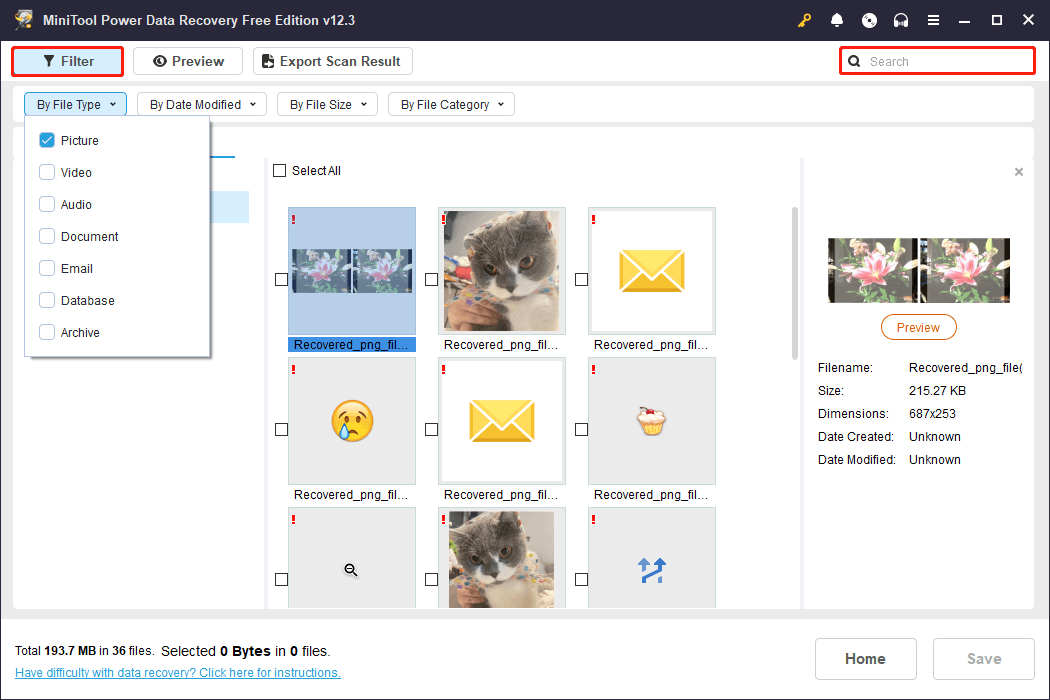 the Filter and Search features in MiniTool Power Data Recovery