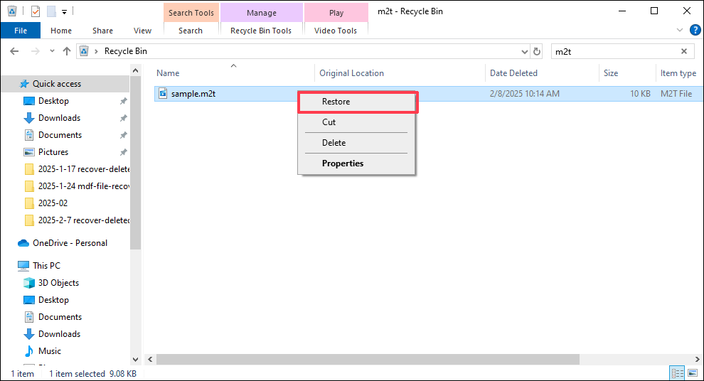 click Restore to recover the M2T file