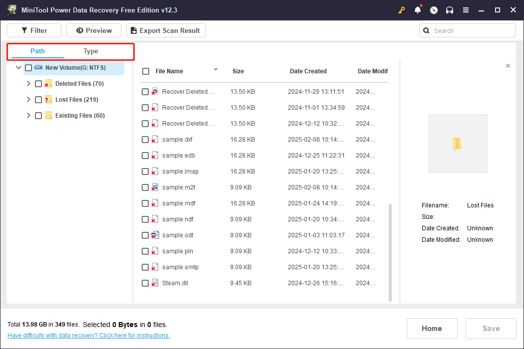 use the Path and Type feature to locate the wanted files in MiniTool Power Data Recovery