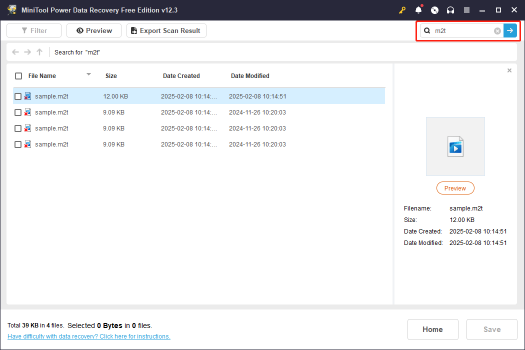 use the Search feature to locate the M2T file in MiniTool Power Data Recovery