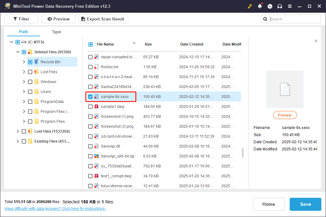 find the lost SESX file on the result page using MiniTool Power Data Recovery
