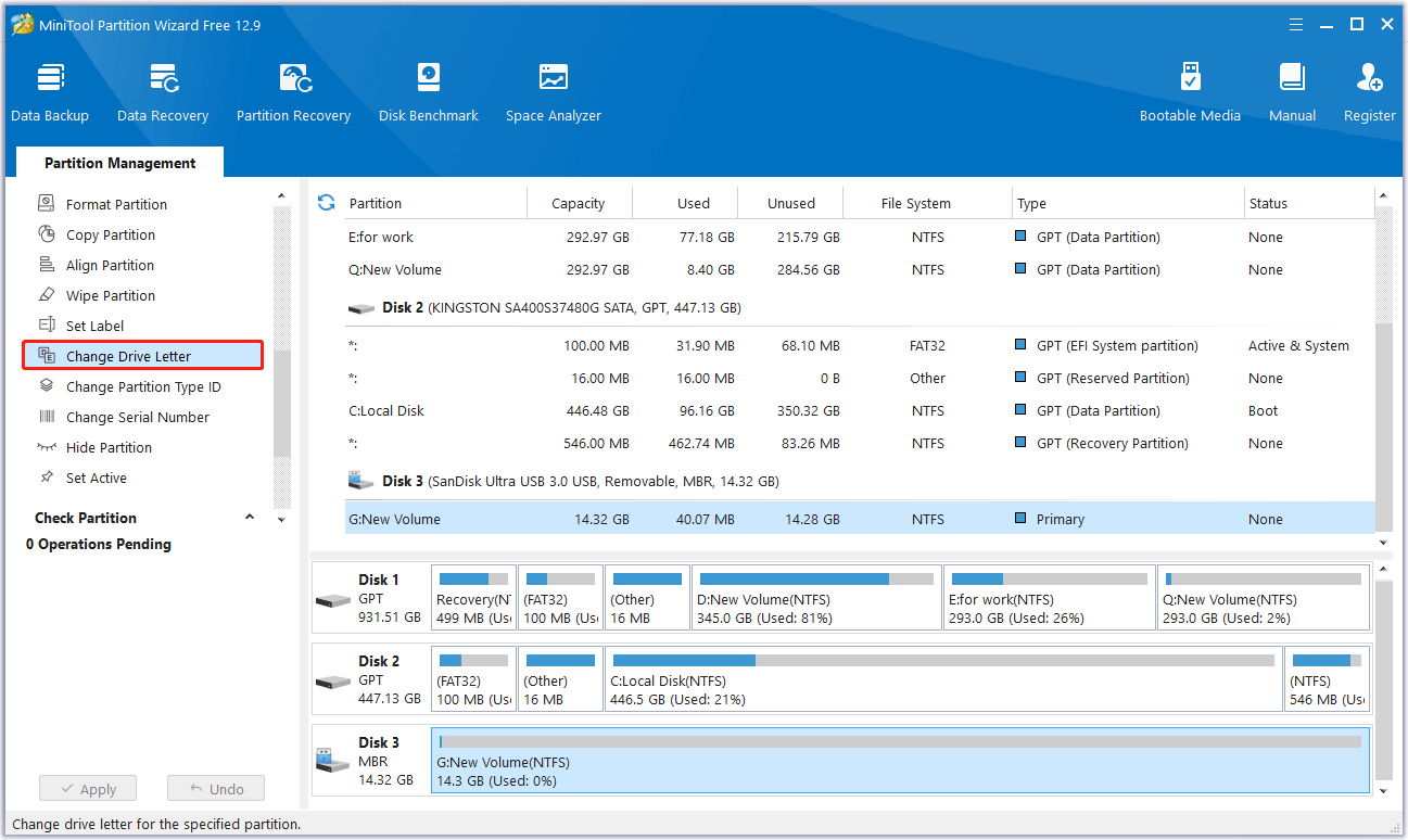 change the EMTEC USB drive letter using MiniTool Partition Wizard