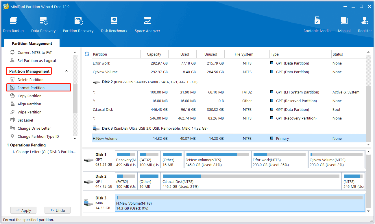 format the EMTEC USB flash drive using MiniTool Partition Wizard
