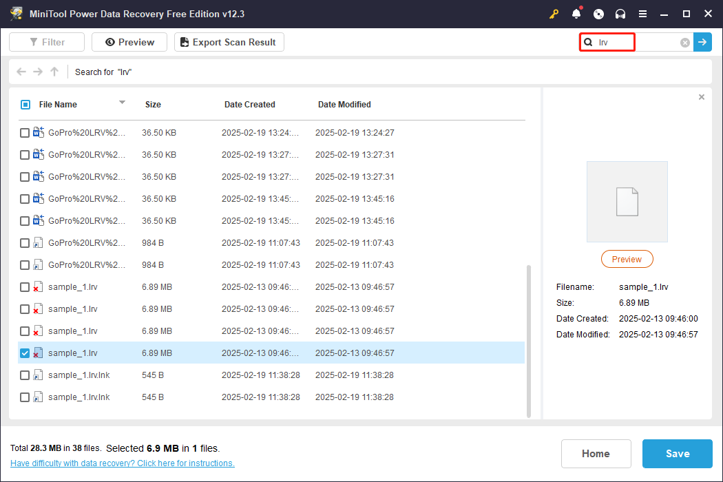 search for the LRV files on the result page of MiniTool Power Data Recovery