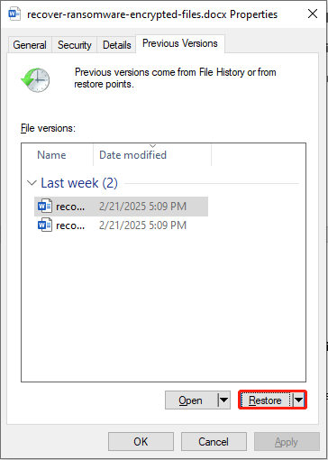 click the Restore button to recover the previous version of the file