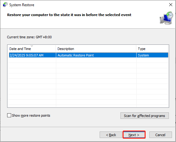 click the Next button to restore the system