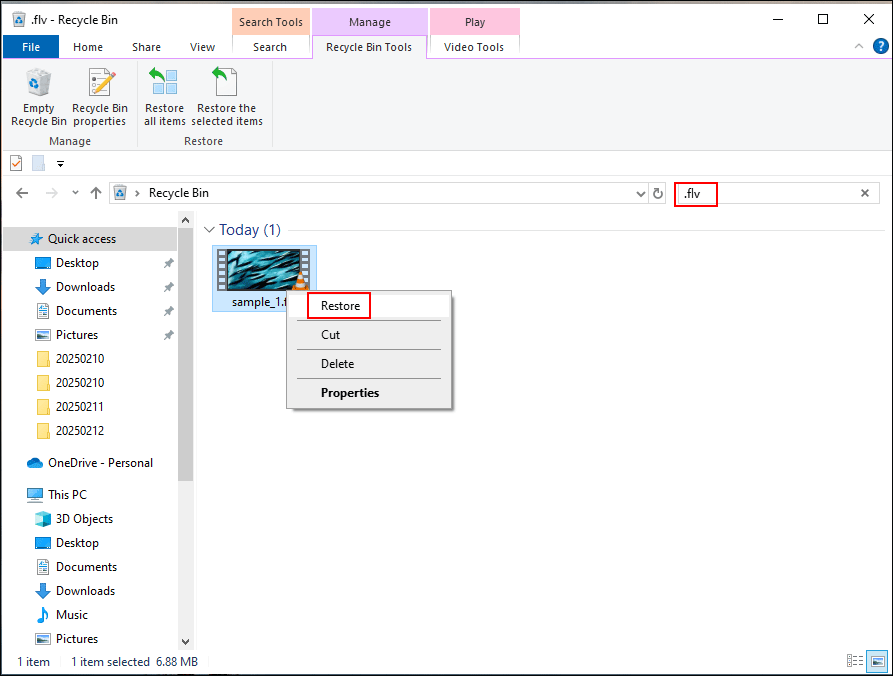 recover deleted FLV video file from the Recycle Bin