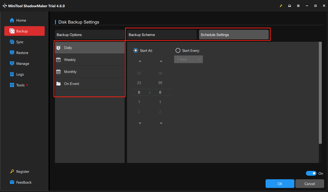 set the backup configurations in MiniTool ShadowMaker