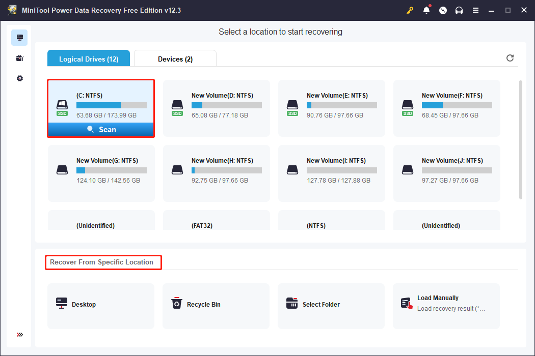 choose the target partition to scan using MiniTool Power Data Recovery