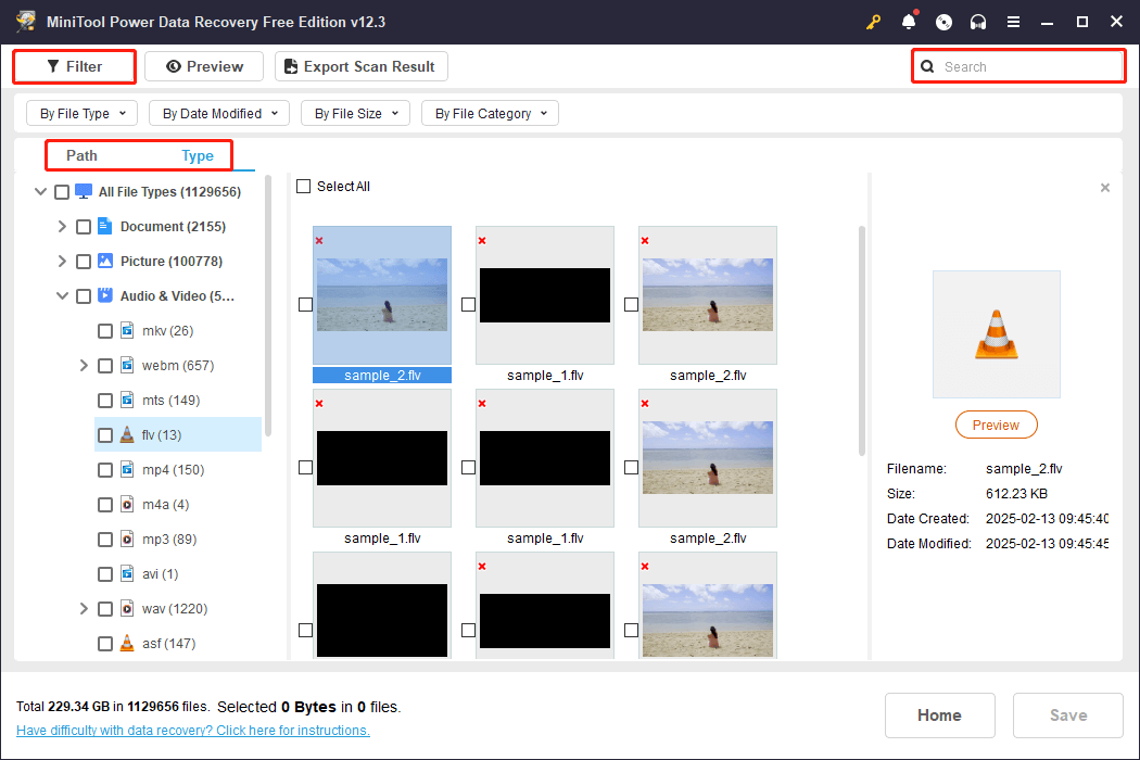 locate the lost FLV video files using multiple features in MiniTool Power Data Recovery