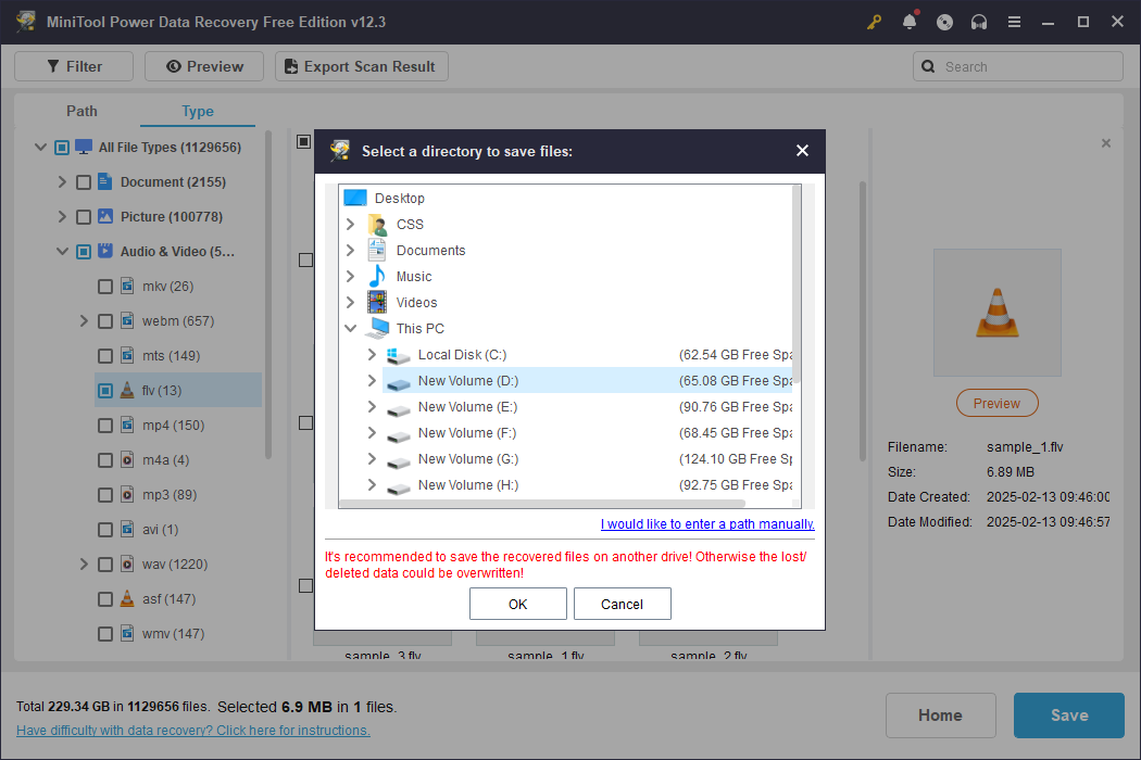 recover the lost FLV video files to a new destination