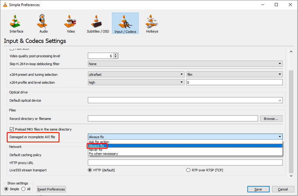 Choose the Always fix option under the Damaged or incomplete AVI file section
