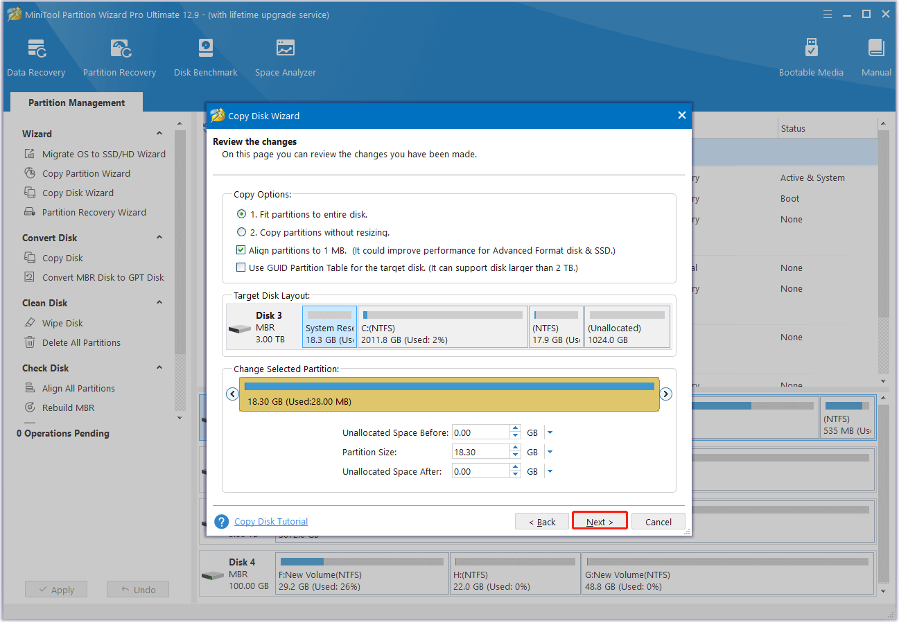 set Copy Options and adjust Target Disk Layout