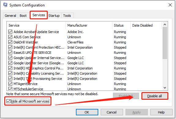 disable all non-Microsoft services in the System Configuration window