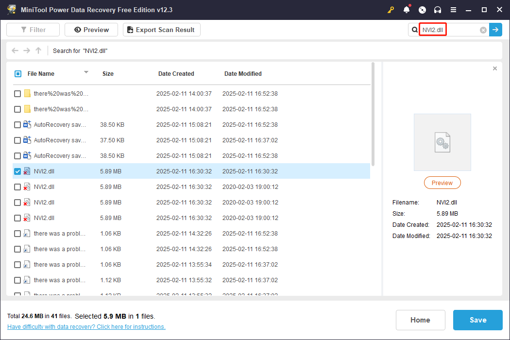 find the NVI2.dll file with the Search feature in MiniTool Power Data Recovery