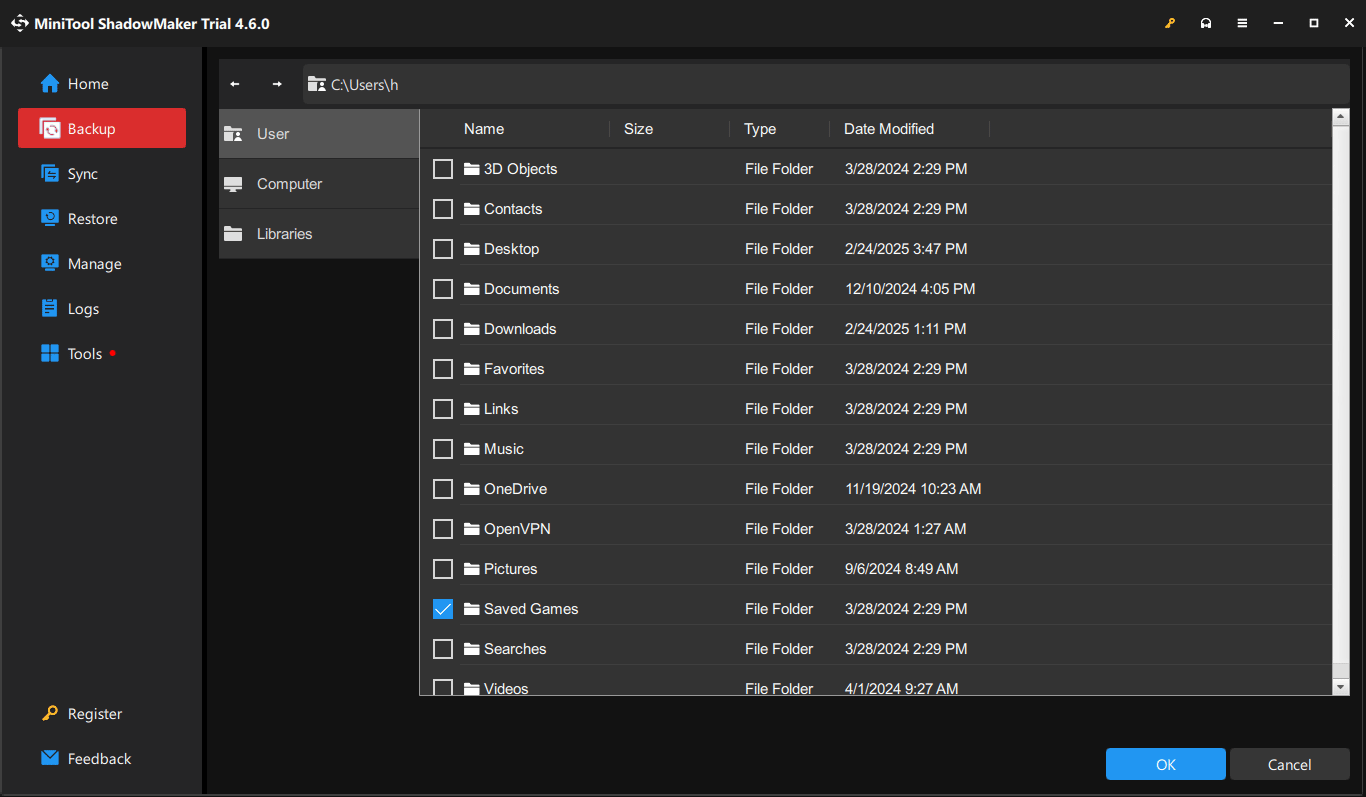 choose the backup source to save file location