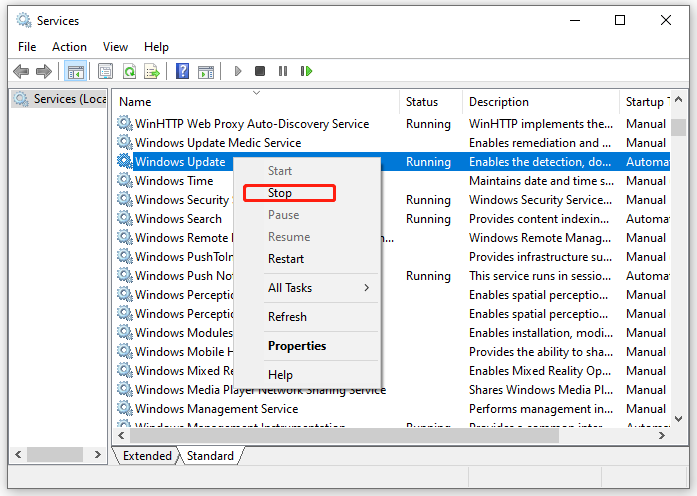 right-click on Windows Update and select Stop