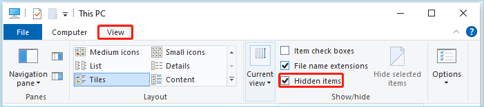 check Hidden items to show all the hidden files