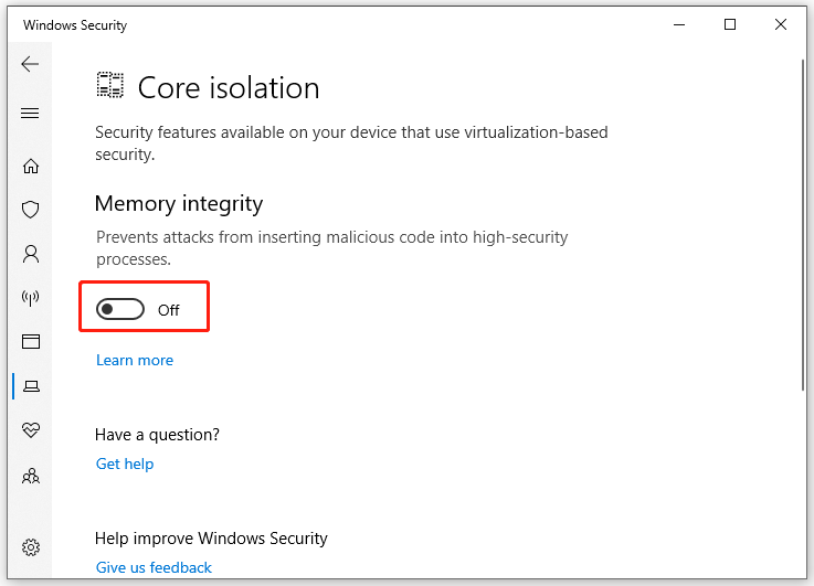 toggle off Memory integrity