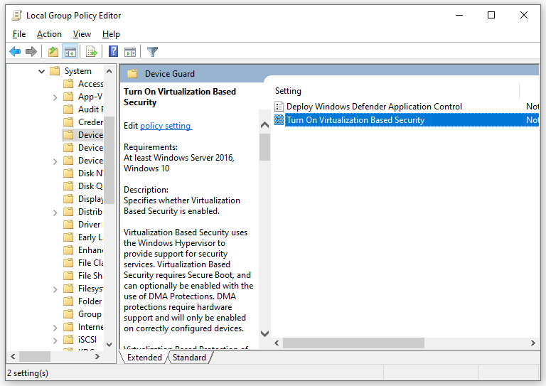 double-click on Turn On Virtualization Based Security