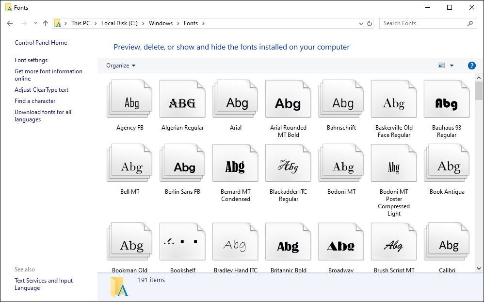 the Fonts folder in File Explorer