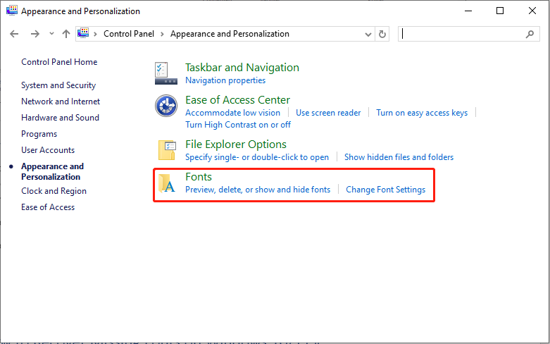 click the Fonts icon to see your fonts on Windows