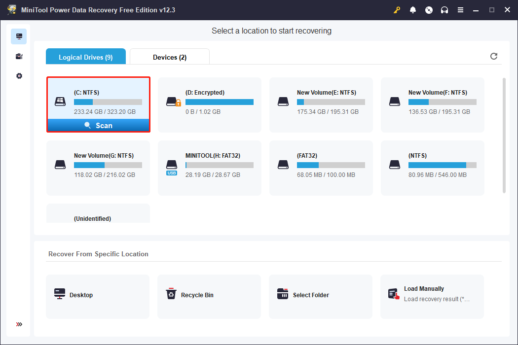 choose a target partition to scan in MiniTool Power Data Recovery