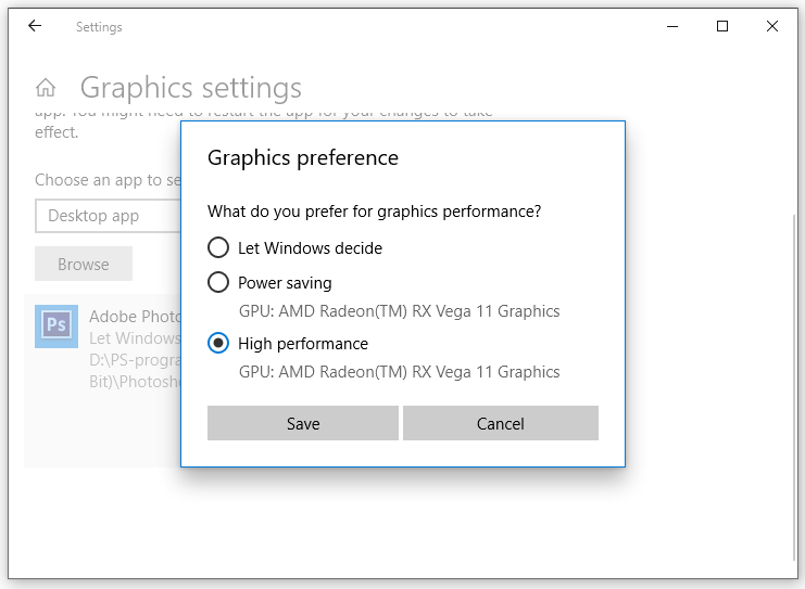 run the executable file of Photoshop on a dedicated graphics card