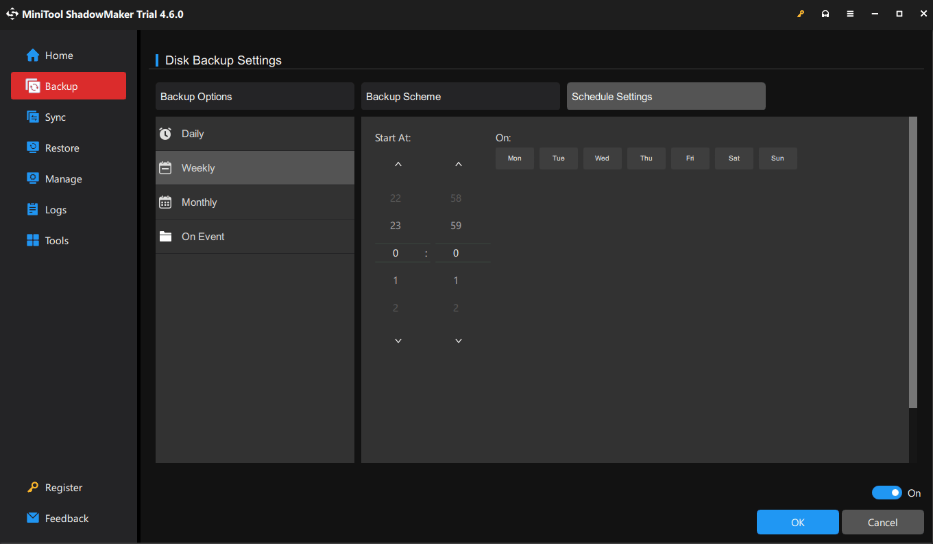 toggle on Schedule Settings