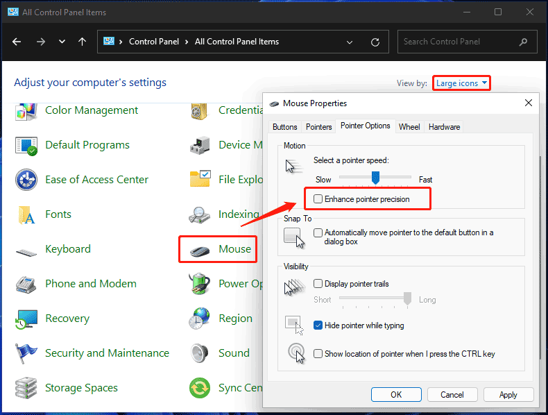 désactiver la précision améliorée du pointeur Windows 11